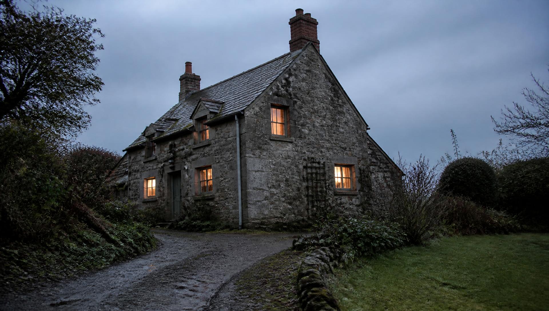 A traditional Cornish stone cottage at dusk, warm light glowing from its windows